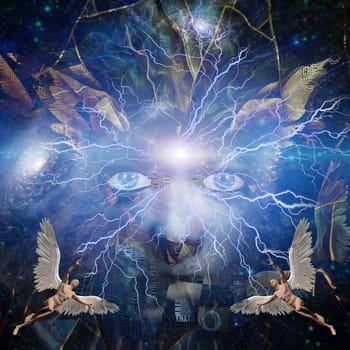 Face of God. Men with wings represents angels
