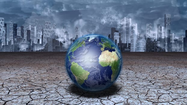 Planet Earth in dried cracked mud before metropolis