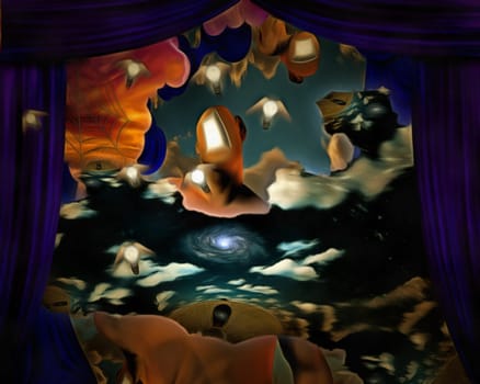 Complex surreal painting. Surreal world behind the curtains.