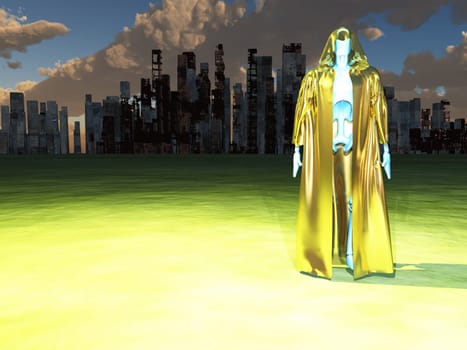 Futuristic world. Robot monk before the destroyed city