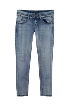 Blue jeans trousers isolated on white background. Fashionable denim pants for woman. Front view.