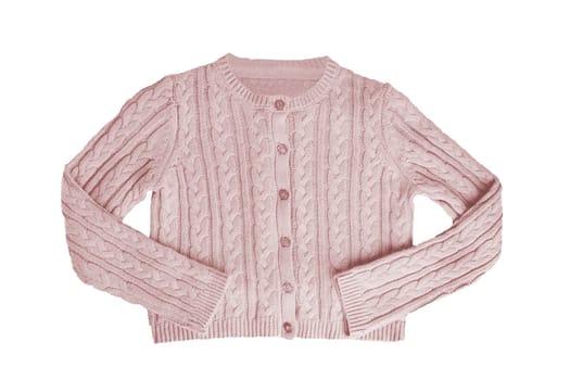 Girls clothes. Festive beautiful pink little girl sweater or knitted cardigan isolated on a white background. Children and kids fashion.