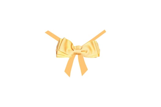 Gift bows. A decorative gold shiny bow made of satin with painted ribbons for gift box or cards isolated on a white background. Decorations background.