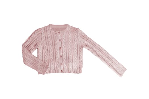 Girls clothes. Festive beautiful pink little girl sweater or knitted cardigan isolated on a white background. Children and kids fashion.