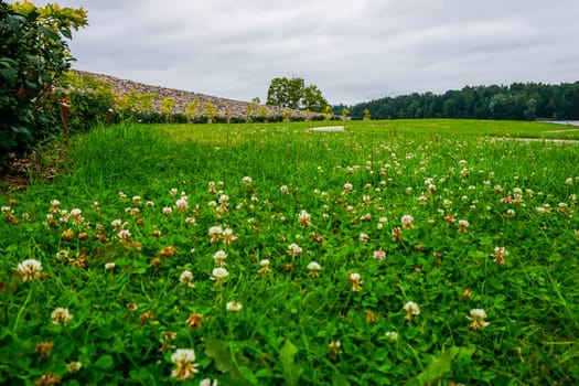 Garden of Destinies is a monumental architectural ensemble on the Daugava Island in Koknese. Scenery of stones and meadow in Koknese in the park Garden of Destinies in Latvia. Garden in Koknese.