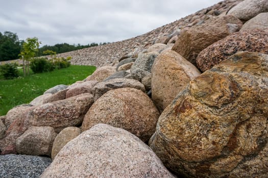 Garden of Destinies is a monumental architectural ensemble on the Daugava Island in Koknese. Scenery of stones in Koknese in the park Garden of Destinies in Latvia. Garden in Koknese.