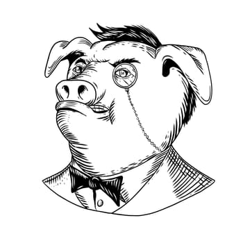 Drawing sketch style illustration of a noble aristocratic pig wearing a monocle and business suit with tie or tuxedo looking up on isolated white background in black and white.