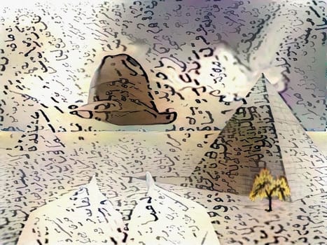 Invisible man in shirt and hat. Egyptian pyramids and burning tree