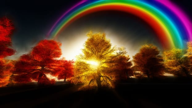Painterly autumnal rainbow over colorful forest
