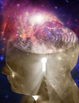Maze inside human mind. Light comes from the keyhole