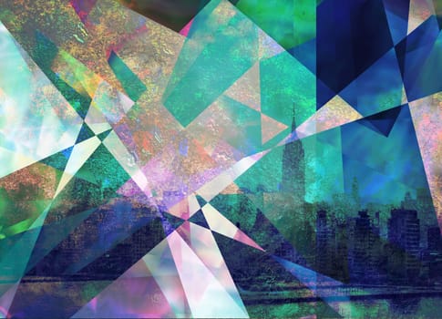Contemporary urban abstract composition. Overlapping colorful polygonal shapes