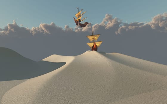 Ship in desert and in clouds. 3D rendering