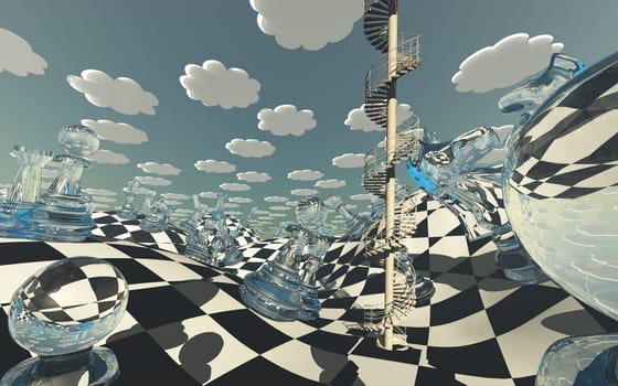 Chessboard Fantasy Landscape with circular staircase winding into sky