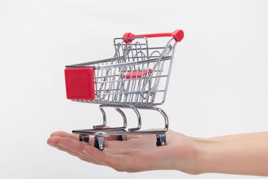 Hand holds empty grocery cart, white background
