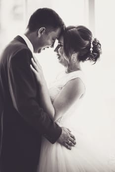 bride and groom on background clear windows.