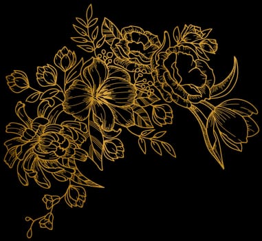 golden metallic flowers black background illustration