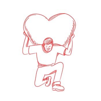 Drawing sketch style illustration of a modern Atlas lifting or carrying a giant heart on his back or shoulder while kneeling viewed from front on isolated white background.