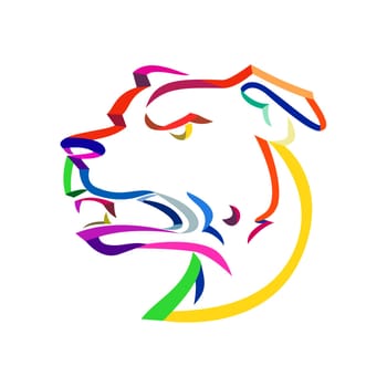 Curly Ribbon style illustration of head of an angry and aggressive American Staffordshire Terrier or Amstaff, a medium-sized, short-coated American dog breed viewed from side done in twisted free flowing line art on isolated background.