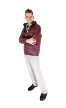 A close up image of a smiling  young man in a burgundy jacket.and scarf, with blue eyes, isolated for white background.