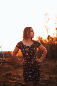 portrait of a beautiful girl in a field on a sunset background.