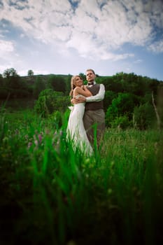 bride and groom stand on the background of the mountain and grass.