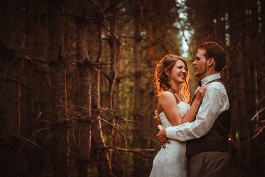 bride and groom in the forest of firs.