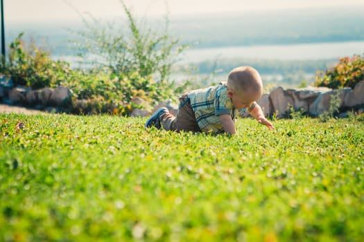 Baby boy on green grass nature background.