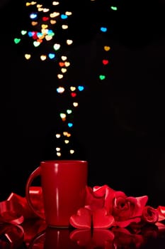 Still life: Cup of coffee, red heart and roses on black background with heart-shaped bokeh. Copy space. Valentine's Day setting table. Design element for romantic greeting card, festive menu of cafe