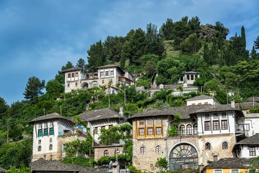 Historic Ottoman houses on a hillside in Gjirokaster, Albania
