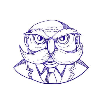 Doodle art illustration of an angry old bald man that looks like an owl with mustache wearing coat and tie viewed from front done in caricature style.