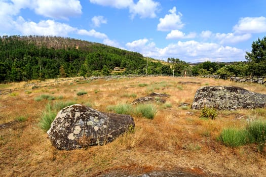 Panoramic view of the Early Middle Ages Necropolis of Forcadas with more than twenty sepultures, or burial sites, cut on the rock near Fornos de Algodres, Beira Alta, Portugal