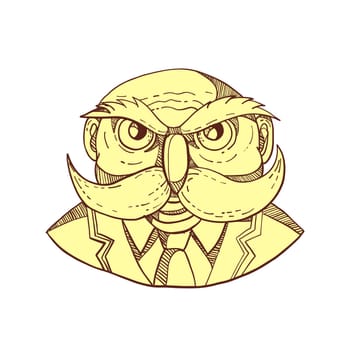 Doodle art illustration of an angry old bald man that looks like an owl with mustache wearing coat and tie viewed from front done in color caricature style.