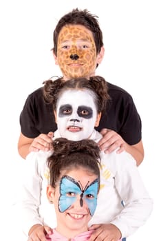 Children's group with animal face-paint isolated in white