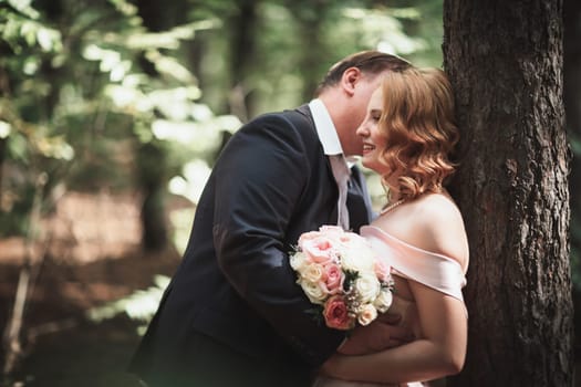 bride and groom on the background of trees and forest sun.
