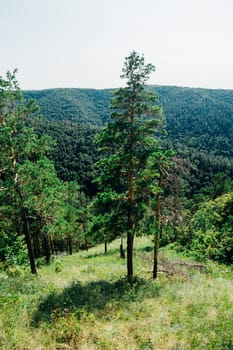 landscape of mountains and grass against the sky.