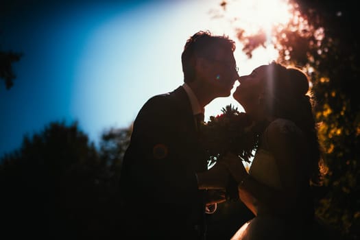 bride and groom silhouettes on the background of the sky park.