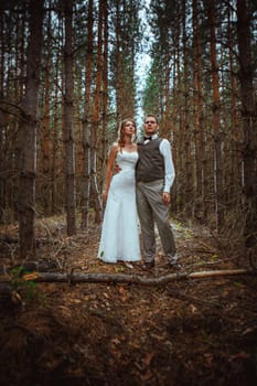 bride and groom in the forest of firs.