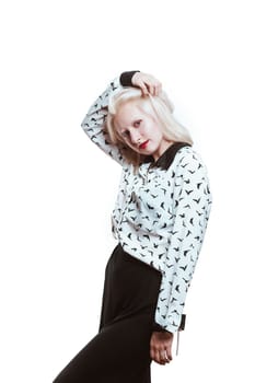 portrait blonde albino girl in studio on white background.