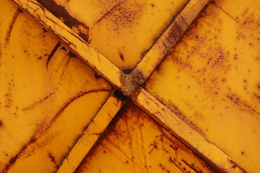 Rusty yellow metal weathered and worn abstract background texture.