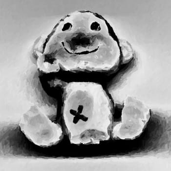 Teddy bear with medical patch waving and smiling. Abstract illustration.