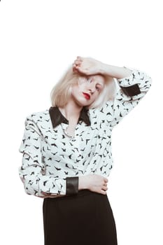 portrait blonde albino girl in studio on white background.
