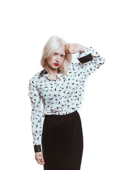 portrait blonde albino girl in studio on white background.