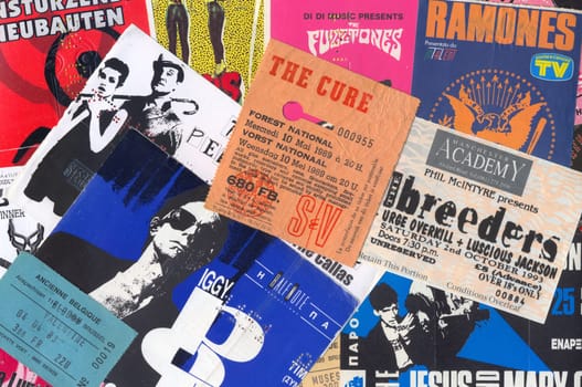 ATHENS, GREECE - DECEMBER 22, 2013: Vintage concert ticket stubs punk and alternative rock music memorabilia from the 80s and 90s.