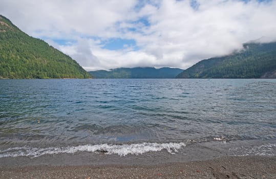 Waves Hitting the Shore on a Windy Day on an Alpine Lake Crescent in Olympic National Park in Washington