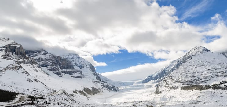 Landscape view of Columbia Icefield and Athabasca Glacier in Jasper National Park in Alberta, Canada