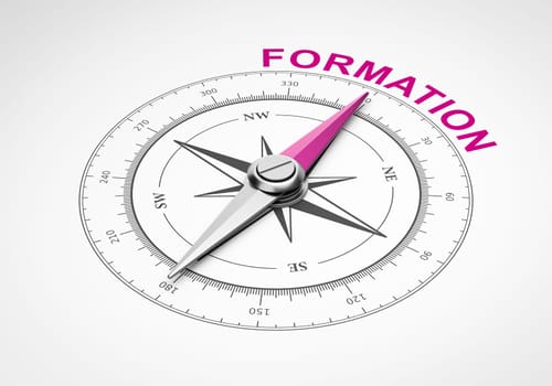 Magnetic Compass with Needle Pointing Purple Formation Word on White Background 3D Illustration