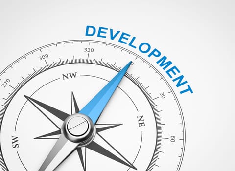 Magnetic Compass with Needle Pointing Blue Development Word on White Background 3D Illustration