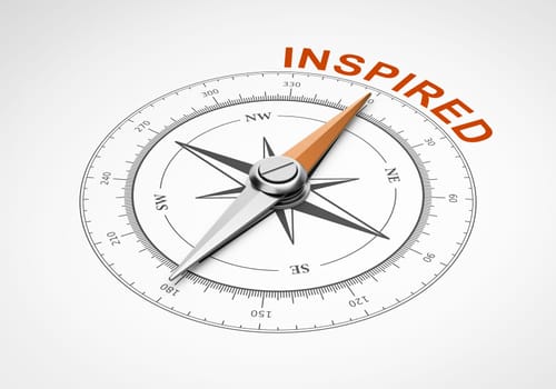 Magnetic Compass with Needle Pointing Orange Inspired Word on White Background 3D Illustration