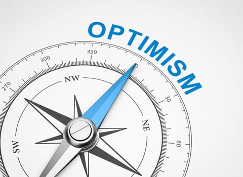 Magnetic Compass with Needle Pointing Blue Optimism Word on White Background 3D Illustration