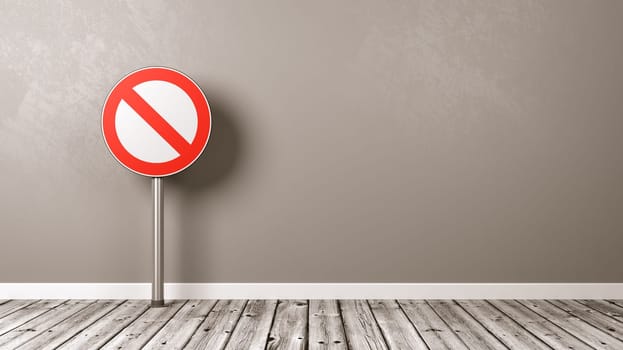 Denied Road Sign on Wooden Floor Against Grey Wall with Copyspace 3D Illustration